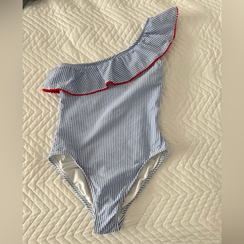 J. Crew One Shoulder Ruffle Swimsuit Seersucker Pom Trim Blue White Red - Picture 1 of 12